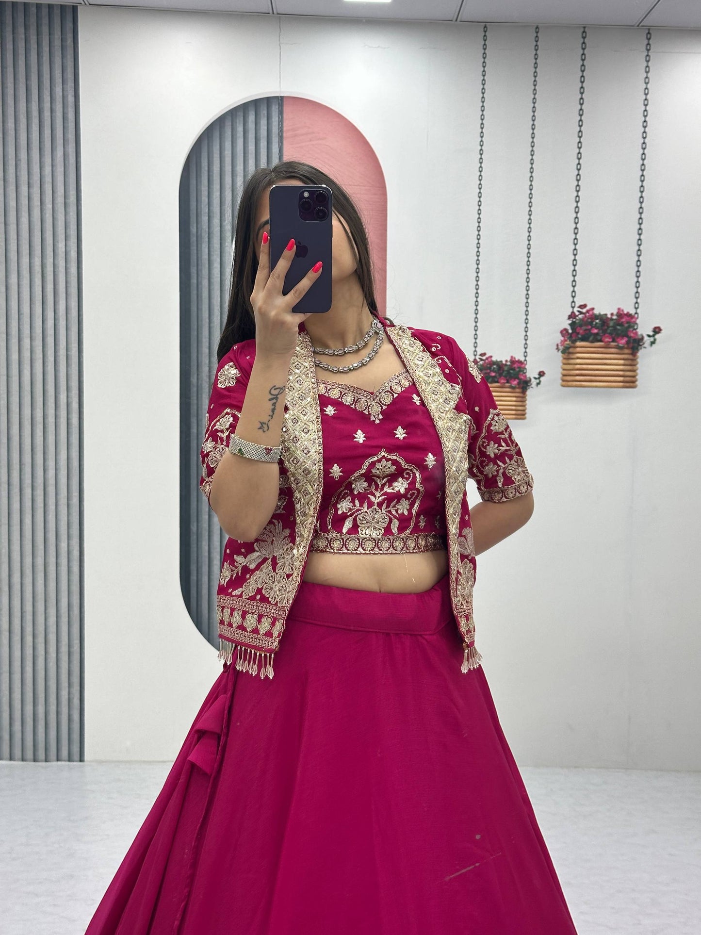 RangBhoomi Festival Special Embroidered Chinon Crop Top Set with Lehenga and Jacket