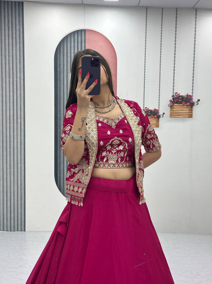 RangBhoomi Festival Special Embroidered Chinon Crop Top Set with Lehenga and Jacket