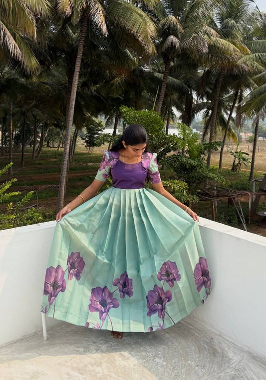 Elegant Floral Printed Silk Gown – Add a Glamorous Touch to Your Festive Wardrobe