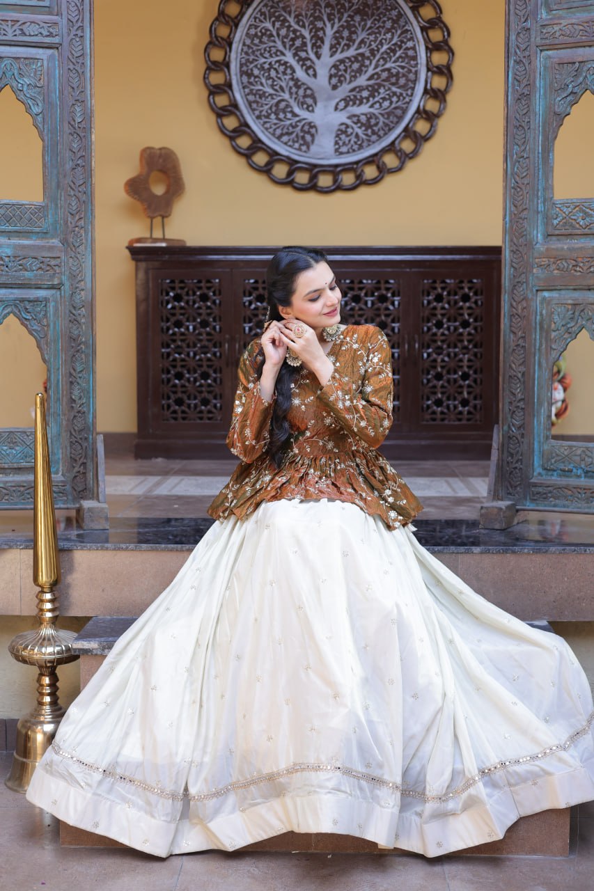 RangBhoomi Elegant Silk Embroidered Crop Top Set with Flared Lehenga and Sequined Detailing