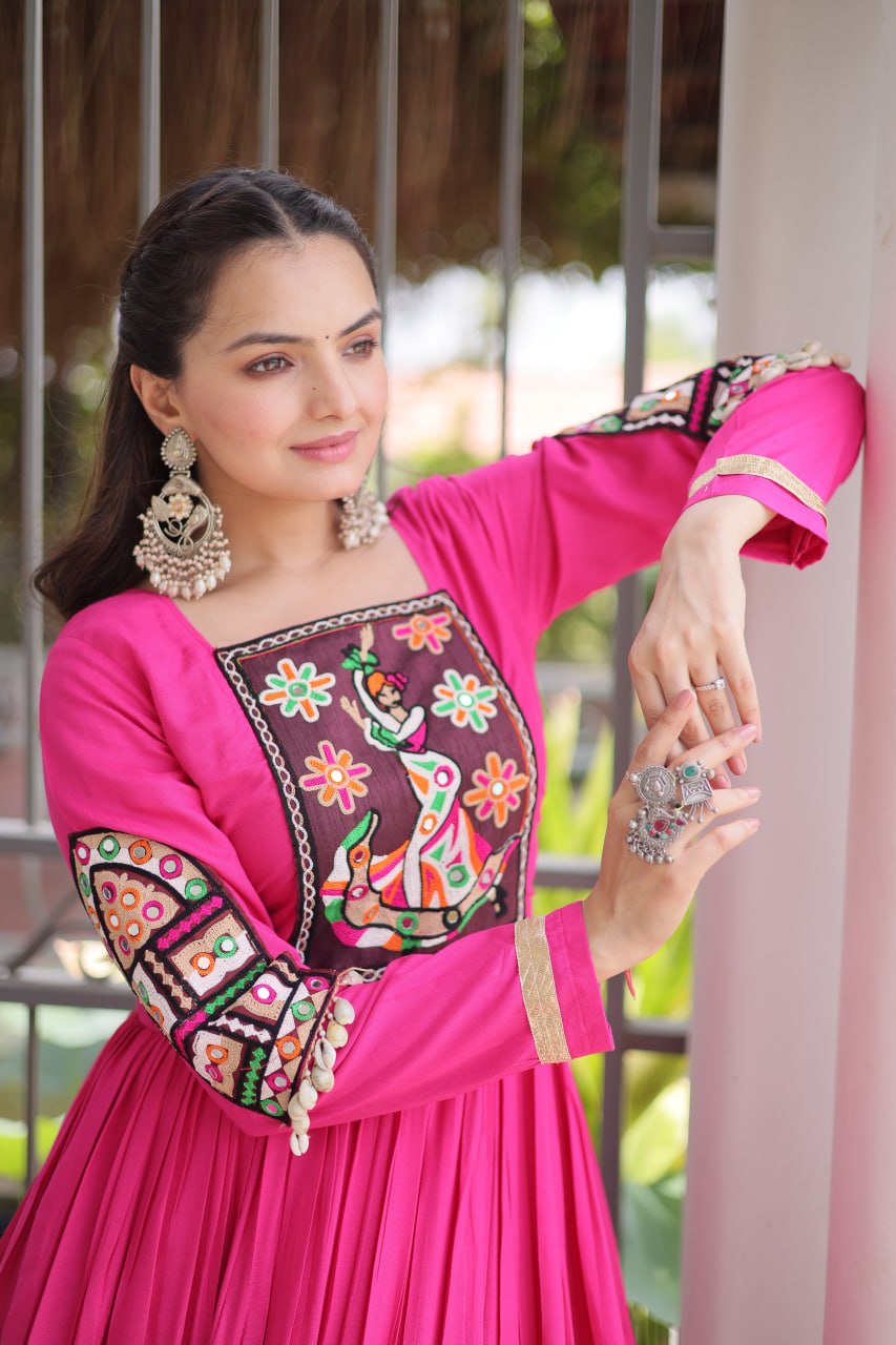 RangBhoomi Navratri Gown Collection 2026 — 14KG Rayon Kutchi Gamthi Thread Work, 12m Flair