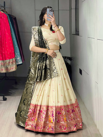 RangBhoomi Paithani Silk Lehenga Choli – Vibrant Traditional Maharashtrian Ethnic Wear with Gold Zari Detailing and Satin Silk Dupatta