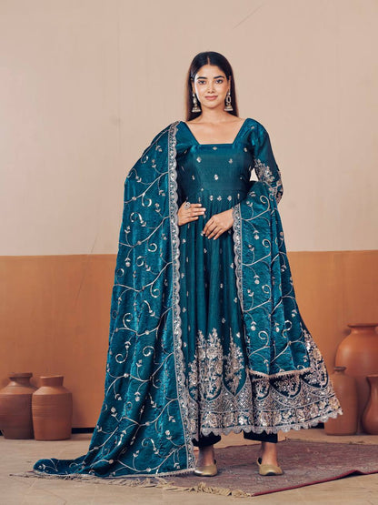 RangBhoomi Designer Party Wear Gown Set — 10 Colors, Heavy Jelly Shimmer Silk, Fully Stitched Embroidered Gown with Dupatta & Micro-Cotton Pant