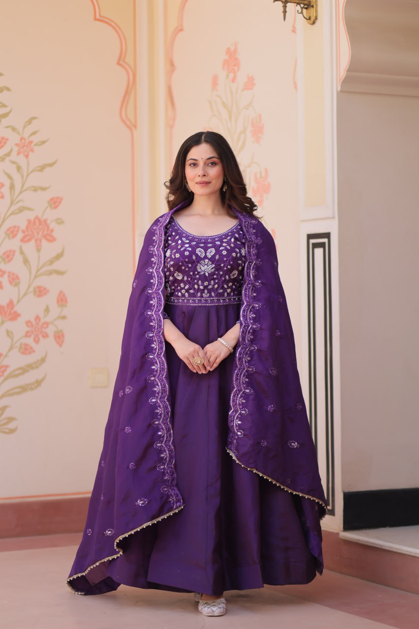 Elegant Gold Crush Embroidered Gown and Designer Dupatta Set