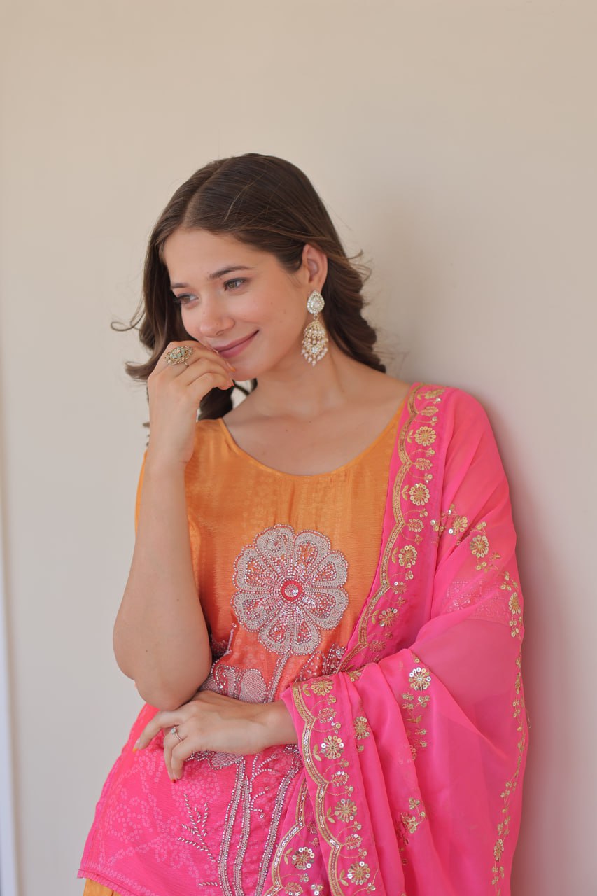 Close-up of Sharara Suit showcasing floral embroidery and zari work