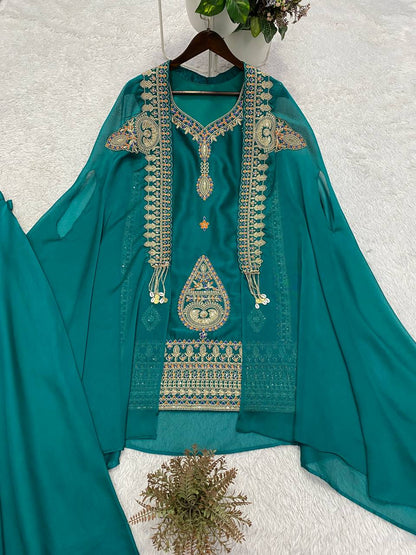 Wedding Season Exclusive: Elegant Designer Top with Corded Sequin Embroidery Paired with Palazzo Pants and Shrug Set by RangBhoomi