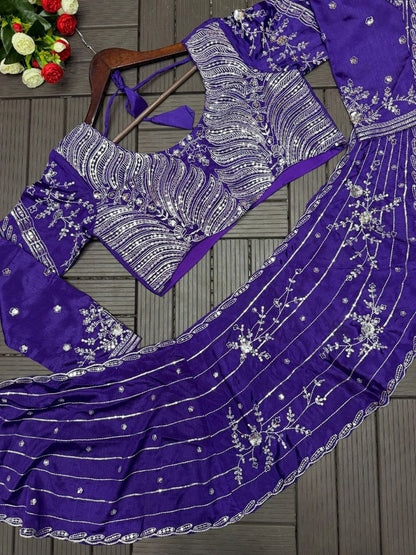 Elegant Embroidered Sequined Chinon Lehenga Choli Set with Full Stitching and 4-Meter Flair