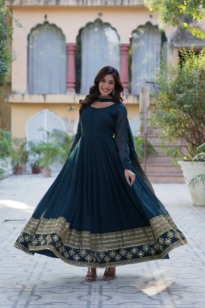 Embroidered Faux Blooming Gown with Dupatta