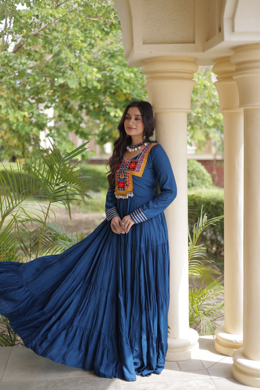 RangBhoomi Navratri Gown Collection 2026 — Wine, Rama & White Embroidered Mirror Work Gown