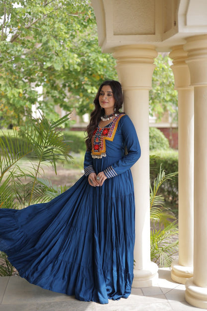 RangBhoomi Navratri Gown Collection 2026 — Wine, Rama & White Embroidered Mirror Work Gown