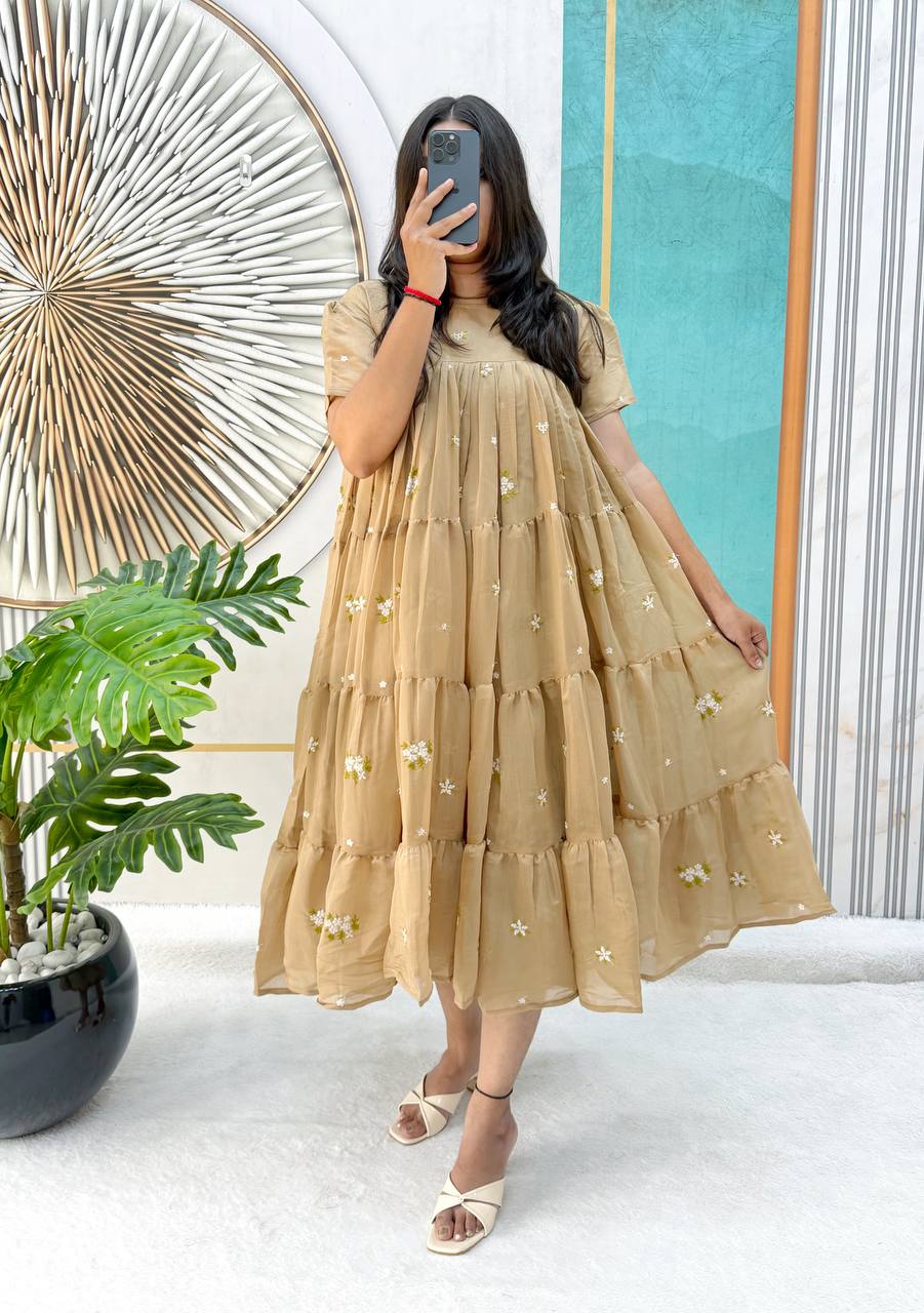 Elegant Floral Mull Cotton Chanderi Midi Gown for Summer – Embroidered, Fully Stitched, Available in Multiple Sizes