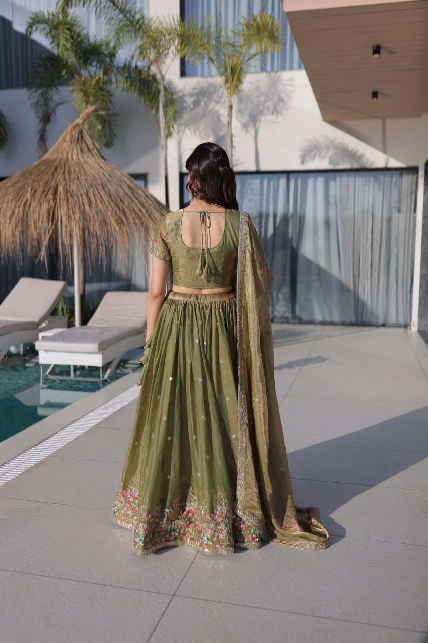 Elegant Lehenga Choli and Dupatta Ensemble in Fendi Silk with Multi-Thread Embroidery