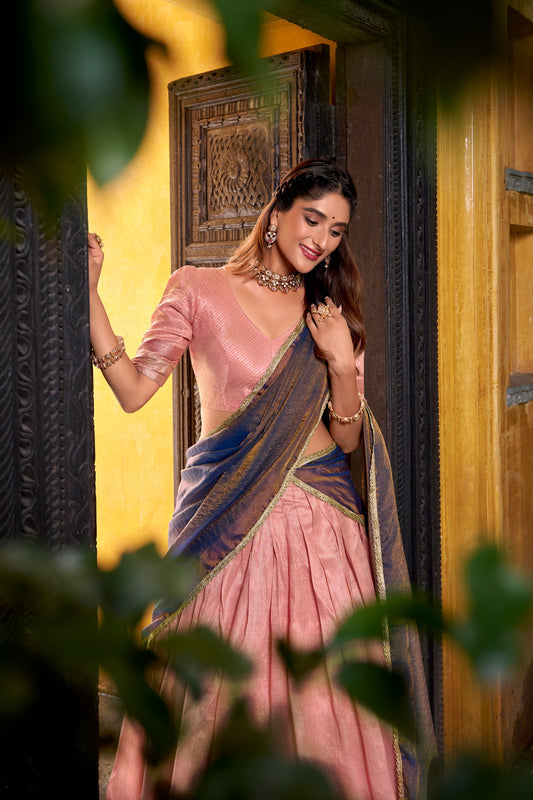 RangBhoomi Luxury Dupion Silk Lehenga Set with Zari Weaving and Shimmering Lace Dupatta