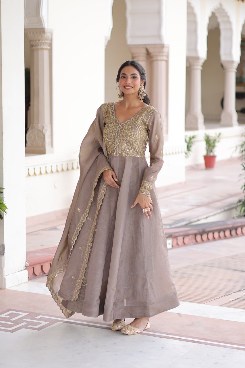 RangBhoomi Premium Ready-Made Gown and Dupatta Set with Elegant Gold Embroidery