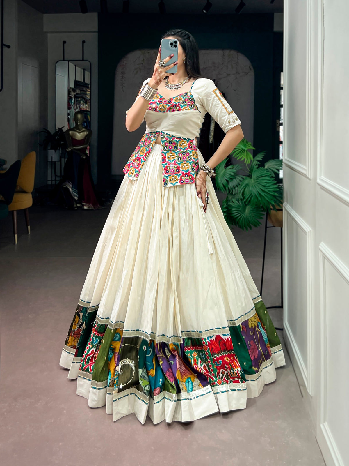 RangBhoomi Khadi Cotton Navratri Lehenga with Multicolor Panel Borders and Gamthi Blouse