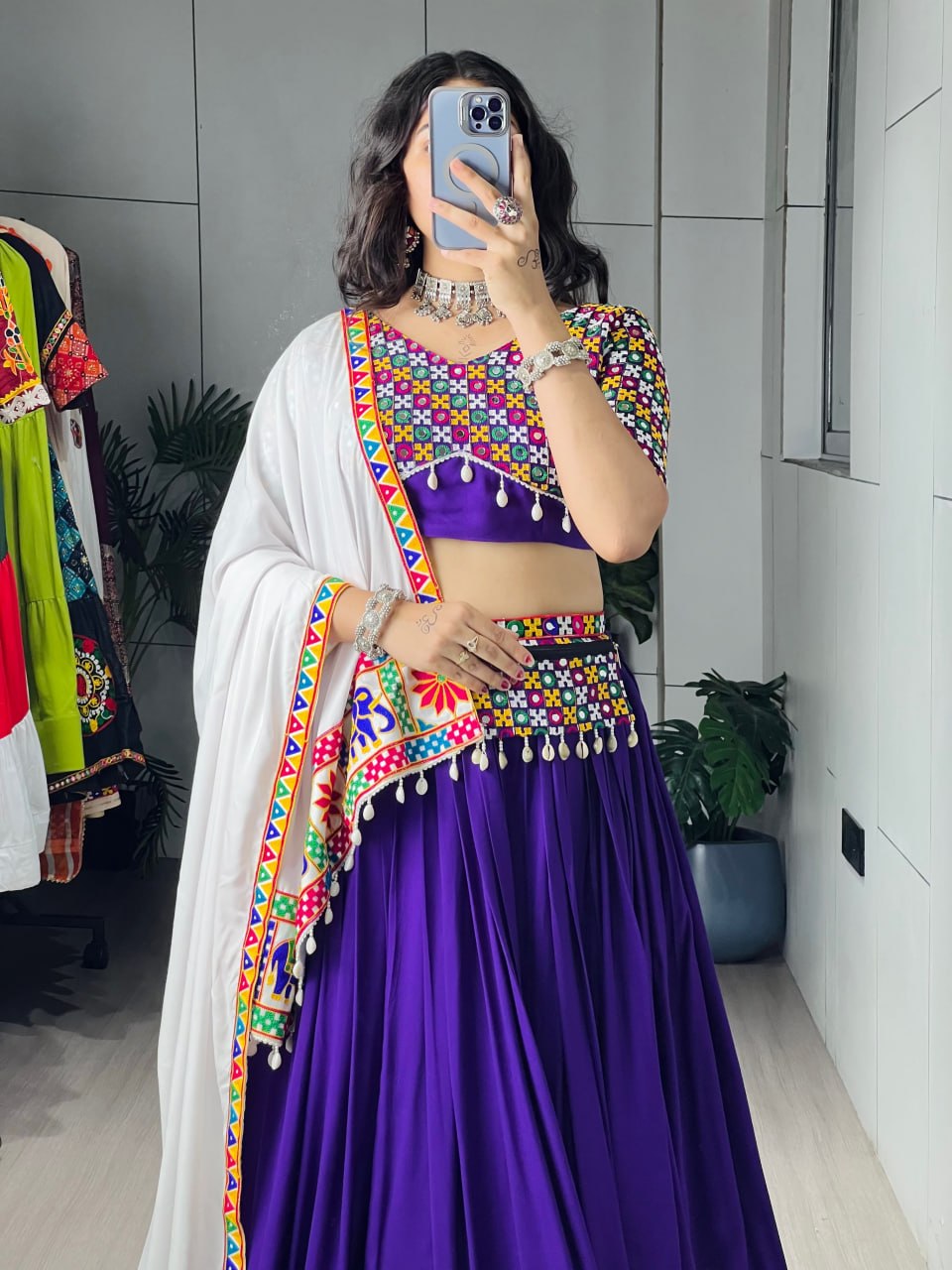 RangBhoomi Traditional Gamthi Mirror Work Lehenga Choli – 6m Grand Flair with White Dupatta