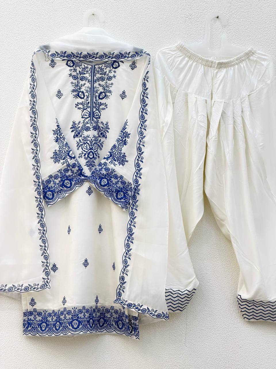 Elegant Women's Ethnic Ensemble with Embroidered Rayon Cotton Top, Farshi Pants, and GMY Silk Dupatta