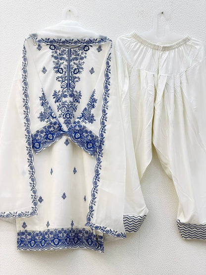 Elegant Women's Ethnic Ensemble with Embroidered Rayon Cotton Top, Farshi Pants, and GMY Silk Dupatta