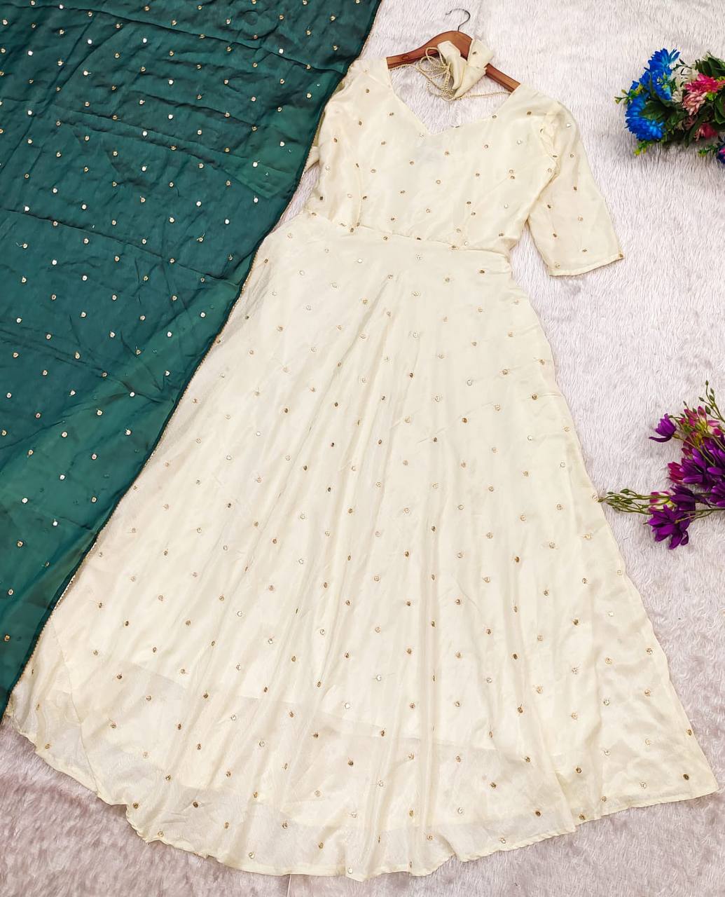 Flat lay of the Green Victoria Suit Set with dupatta.
