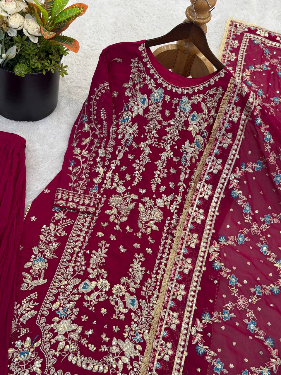 Elegant Ready-to-Wear Designer Set in Faux Georgette with Intricate Heavy Embroidery and Sequins - Fully Stitched Top, Bottom, and Dupatta