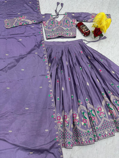 RangBhoomi Exclusive Festival Collection: Exquisite Embroidered Chinon Fabric Ensemble with Lehenga and Dupatta