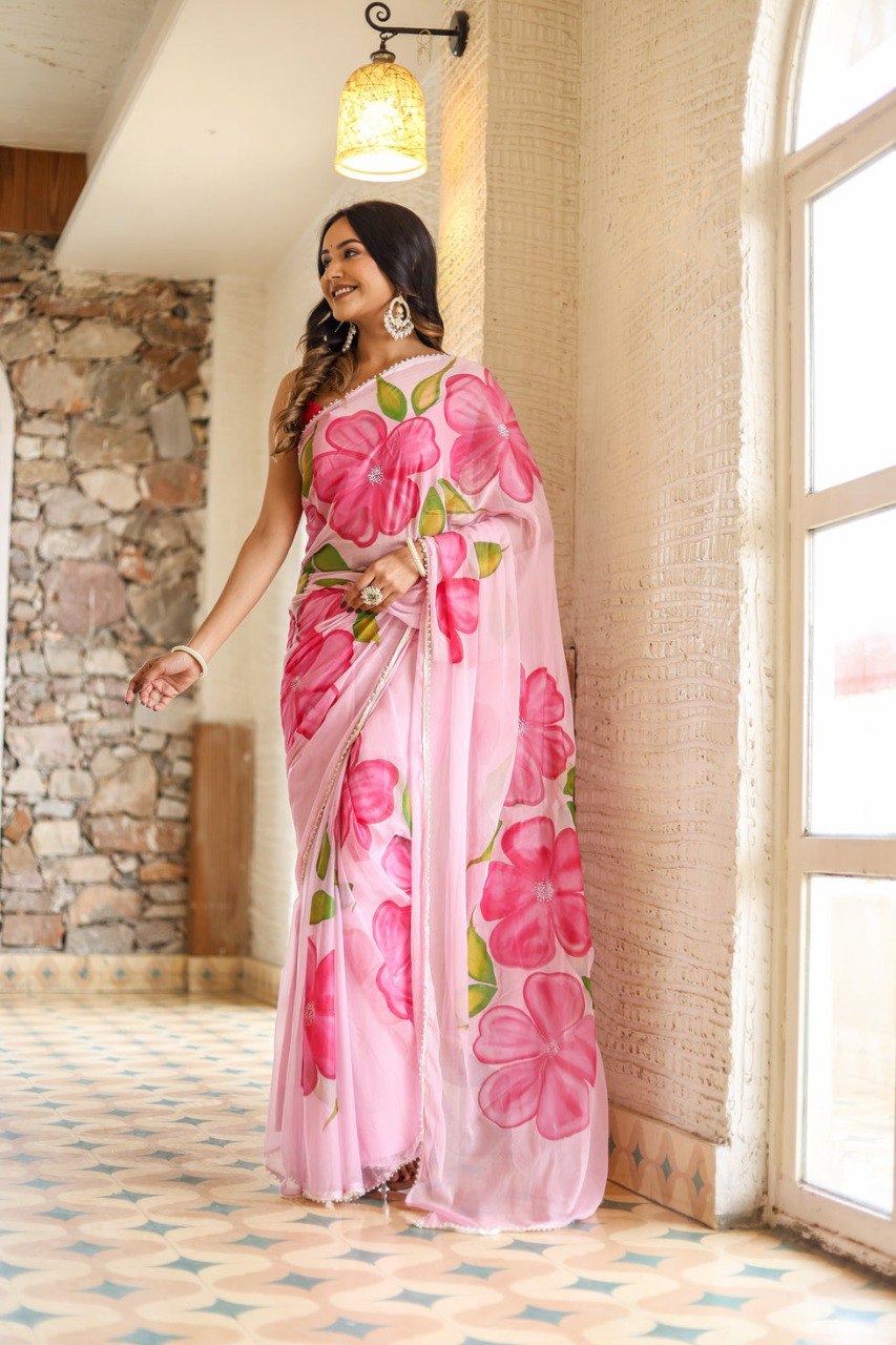 Ready To Wear Pink Floral Saree - Georgette Fabric