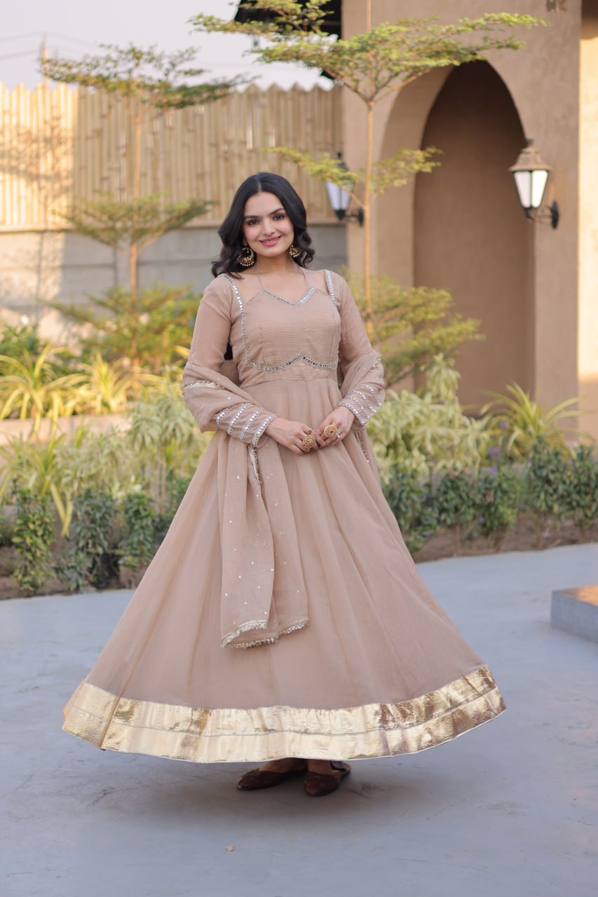 RangBhoomi Silver Mirror Lace Gown with Dupatta - Elegant Occasion Wear