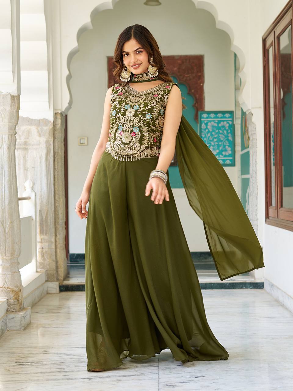 Chic Designer Embroidered Palazzo Co-ord Set with Dupatta