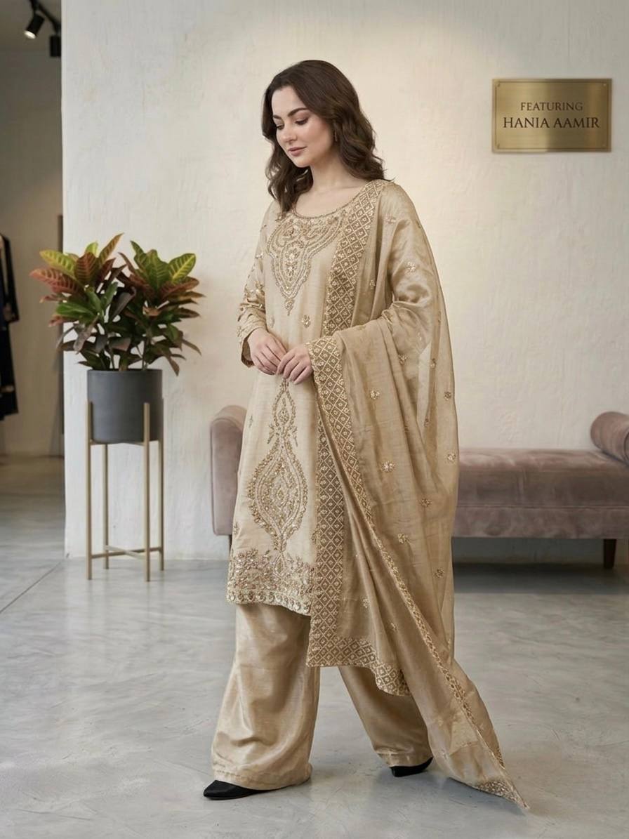 Elegant Designer Party Wear Top, Palazzos, and Dupatta Set with Intricate Heavy Embroidery and Beaded Detailing