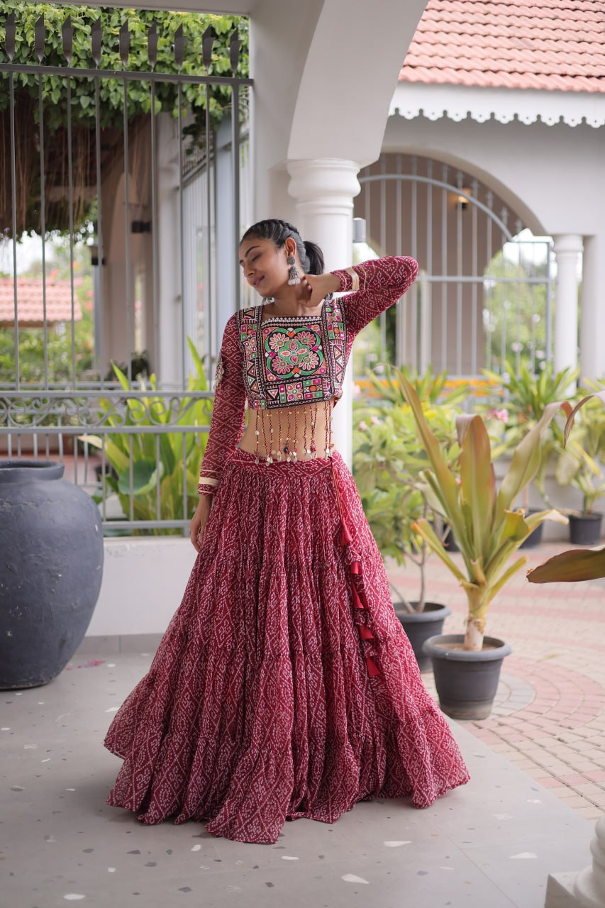 RangBhoomi Bandhni Faux Georgette Full-Stitched Lehenga Set with Designer Square Neck Blouse
