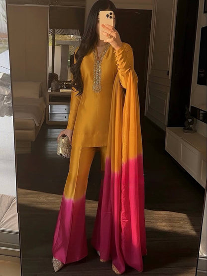 Launching New Designer Party Wear Look Pure Roman Glass Top & Elegant Palazzo with Dupatta Set