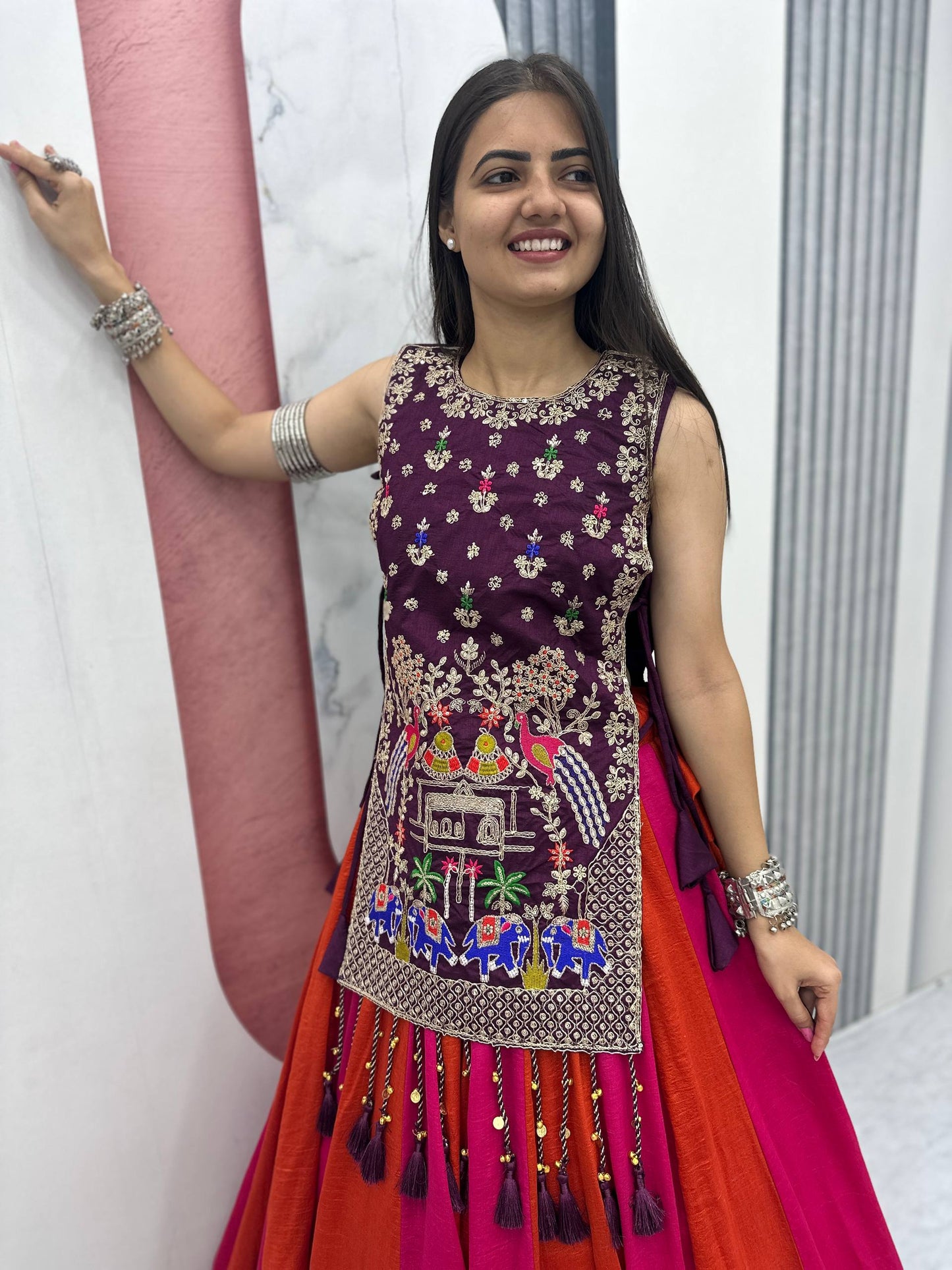 RangBhoomi Elegant Navratri Special Vichitra Silk Lengha Choli with Heavy Thread and Sequence Work Shrug