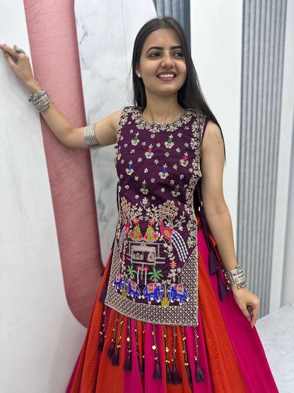 RangBhoomi Elegant Navratri Special Vichitra Silk Lengha Choli with Heavy Thread and Sequence Work Shrug