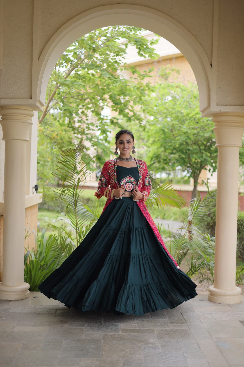 RangBhoomi Navratri 2026 Rayon Lehenga Set with Bandhani Shrug — Full-Stitched Festive Ensemble