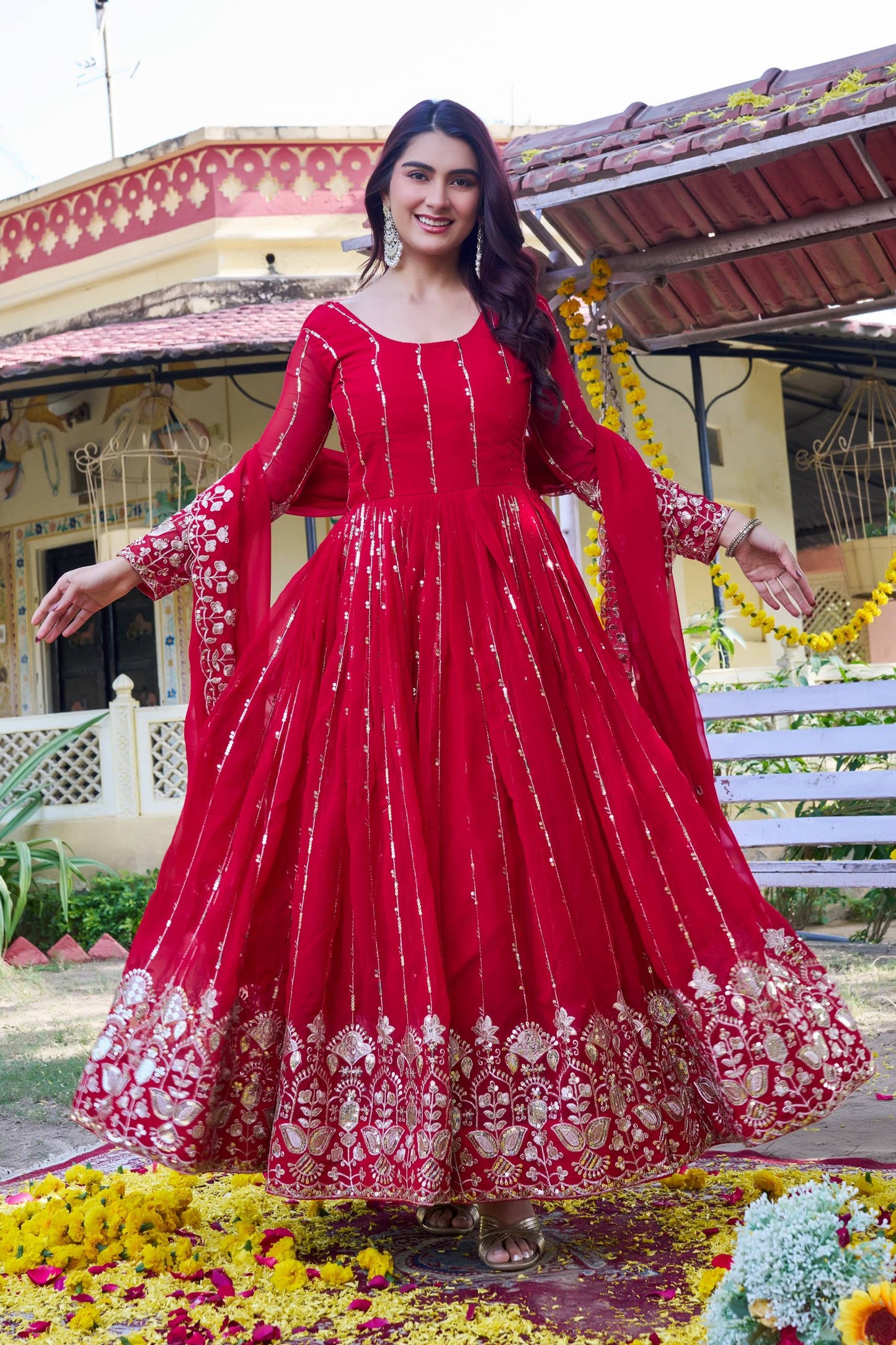 RangBhoomi New Festival Collection Long Gown with Dupatta – Elegant Fox Georgette Fabric with Heavy Sequence Embroidery