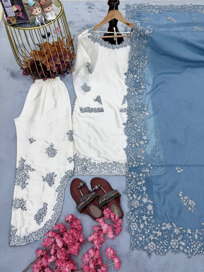 New Designer Party Wear Pure Roman Glass Embroidered Top with Fancy Palazzo and Dupatta Set