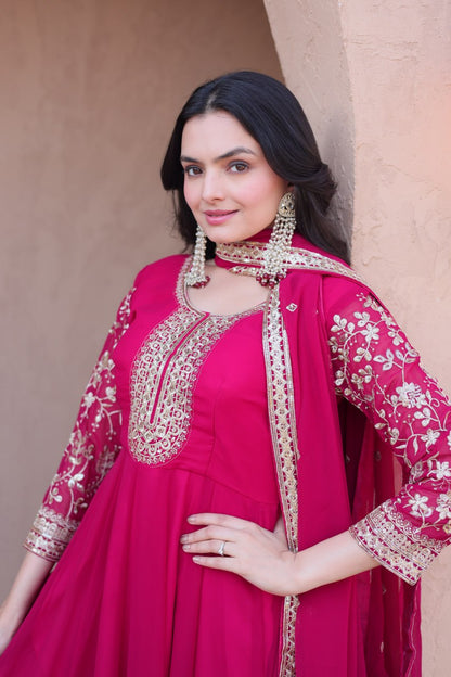 RangBhoomi Premium Readymade Gown Set with Pant & Dupatta - Faux Blooming Embroidered