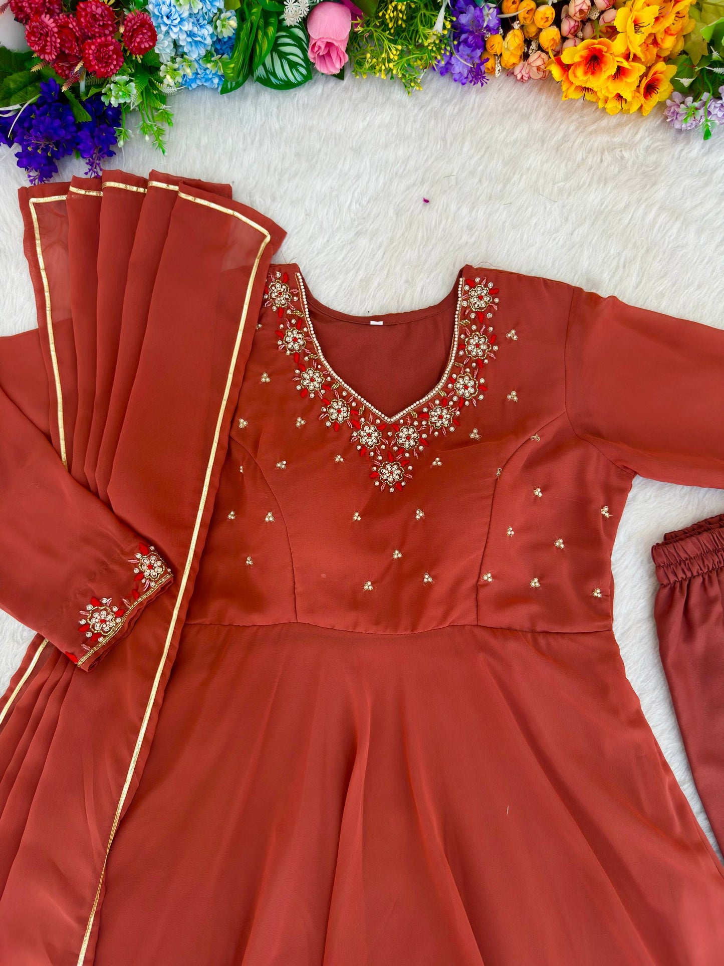 RangBhoomi Elegant Party Wear Fox Georgette Gown Set with Dupatta and Crepe Pants
