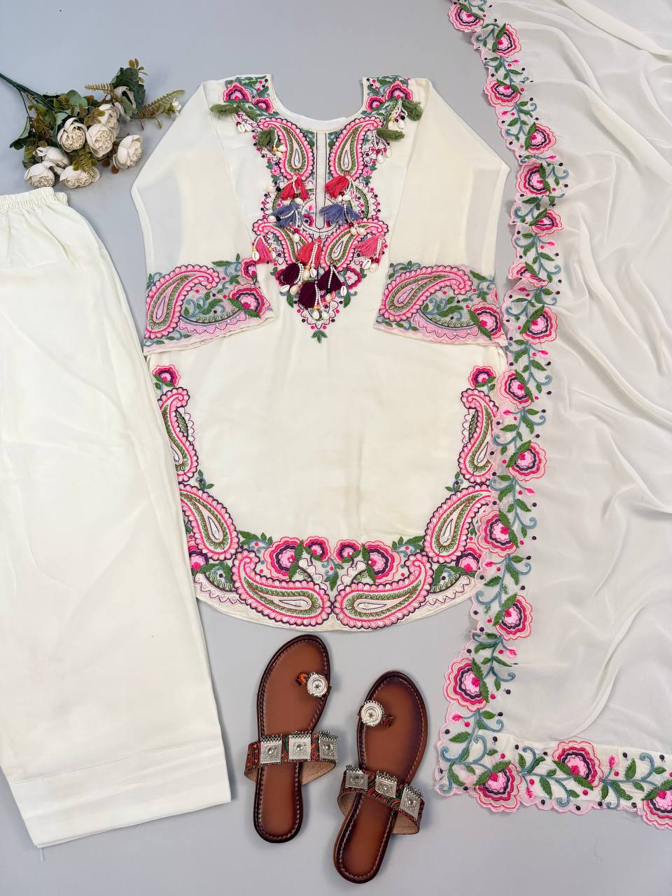 Elegant Women’s Ethnic Ensemble in Premium Heavy Georgette with Embroidered Threadwork, Fully Stitched and Ready to Wear