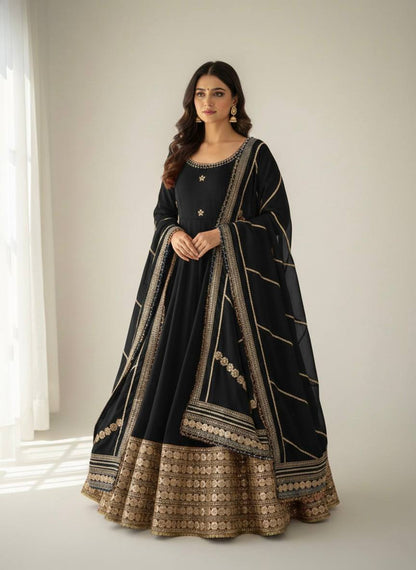 RangBhoomi Premium Chinon Silk Anarkali Gown Set with Heavy Embroidery, 3mm Sequin Sleeve Lace, Crepe Pants, and Sequined Lace Dupatta