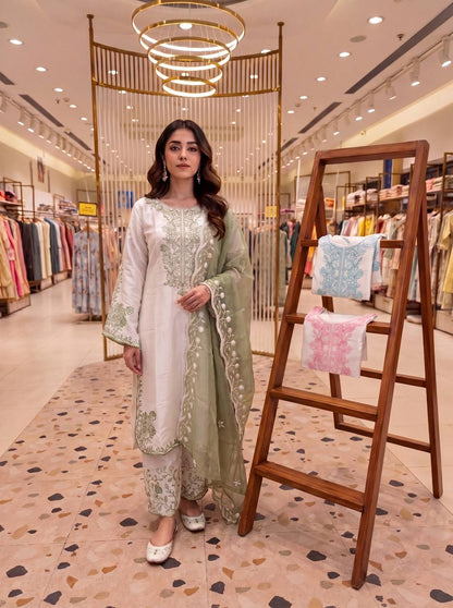 Elegant Party Wear Set Featuring Premium Roman Glass Embroidered Top with Fancy Bell Sleeves and Stylish Palazzo Pants with Dupatta