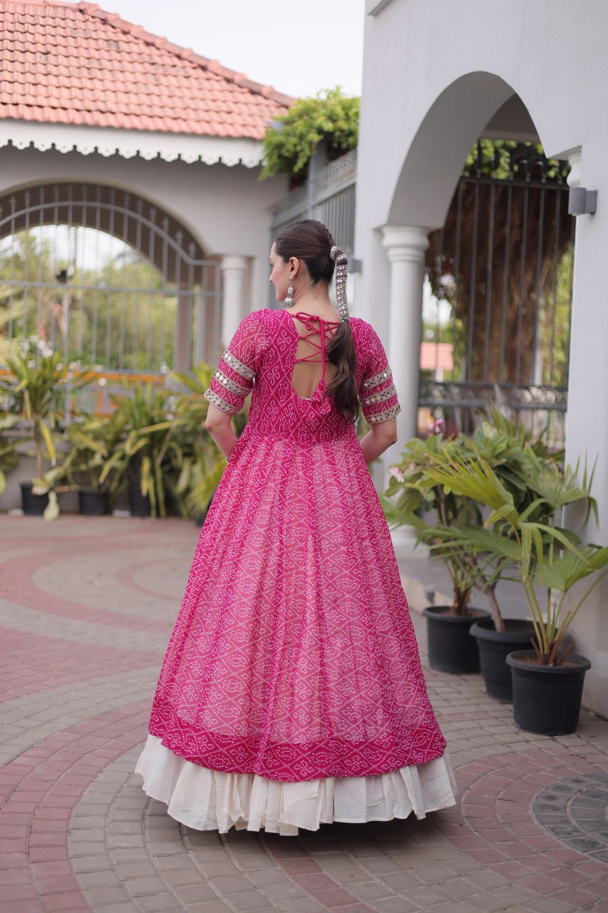 RangBhoomi Navratri 2026 Bandhani Lehenga Set — Full-Stitched Kora Cotton Lehenga with Faux Georgette Kurti