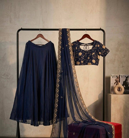 Twilight Blue RangBhoomi Crush Silk Lehenga Set