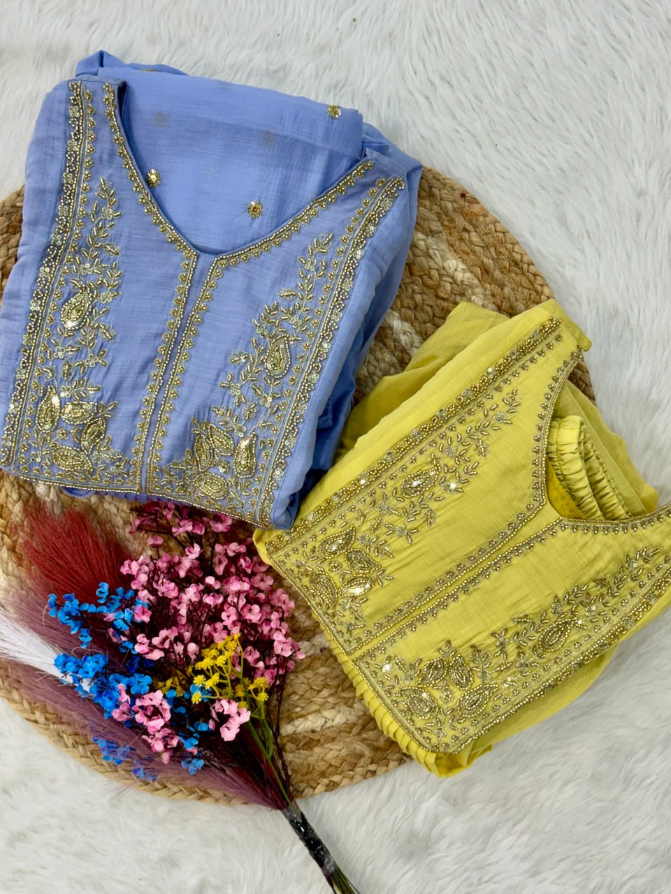 Premium Ready-to-Wear Mal Mal Chanderi Gown Set with Roman Silk Pants and Embroidered Dupatta