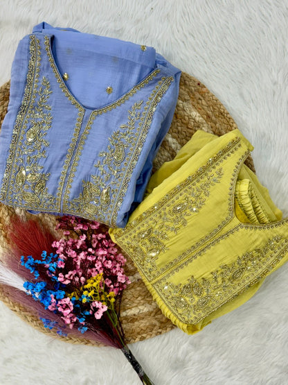 Premium Ready-to-Wear Mal Mal Chanderi Gown Set with Roman Silk Pants and Embroidered Dupatta
