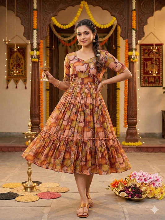 Elegant Summer Special Fully Stitched Kalamkari Midi Gown for Festive Glamour and Sophistication