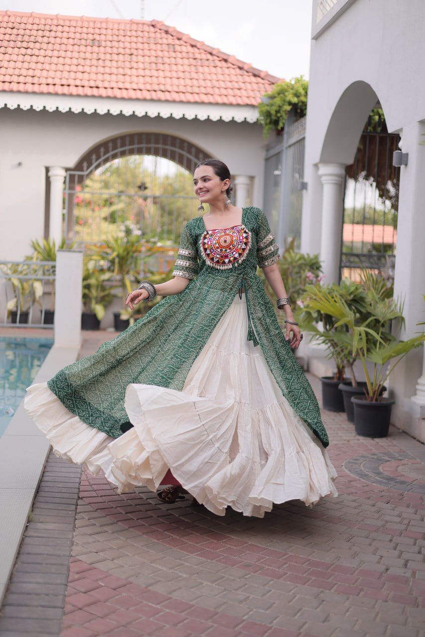 RangBhoomi Navratri 2026 Bandhani Lehenga Set — Full-Stitched Kora Cotton Lehenga with Faux Georgette Kurti