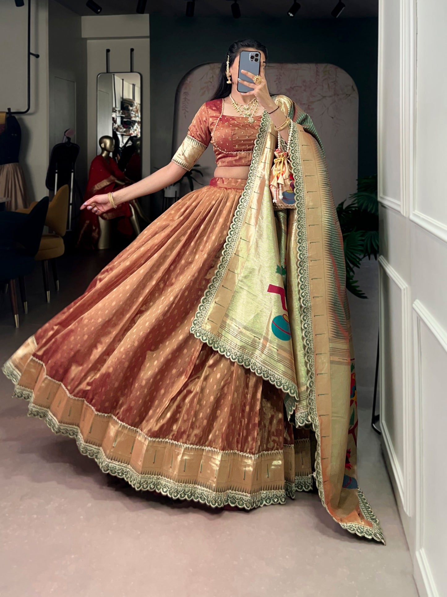 Paithani Lehenga Choli Ensemble 2026 - Shimmering Organza with Zari Weaving and Jacquard Silk Dupatta
