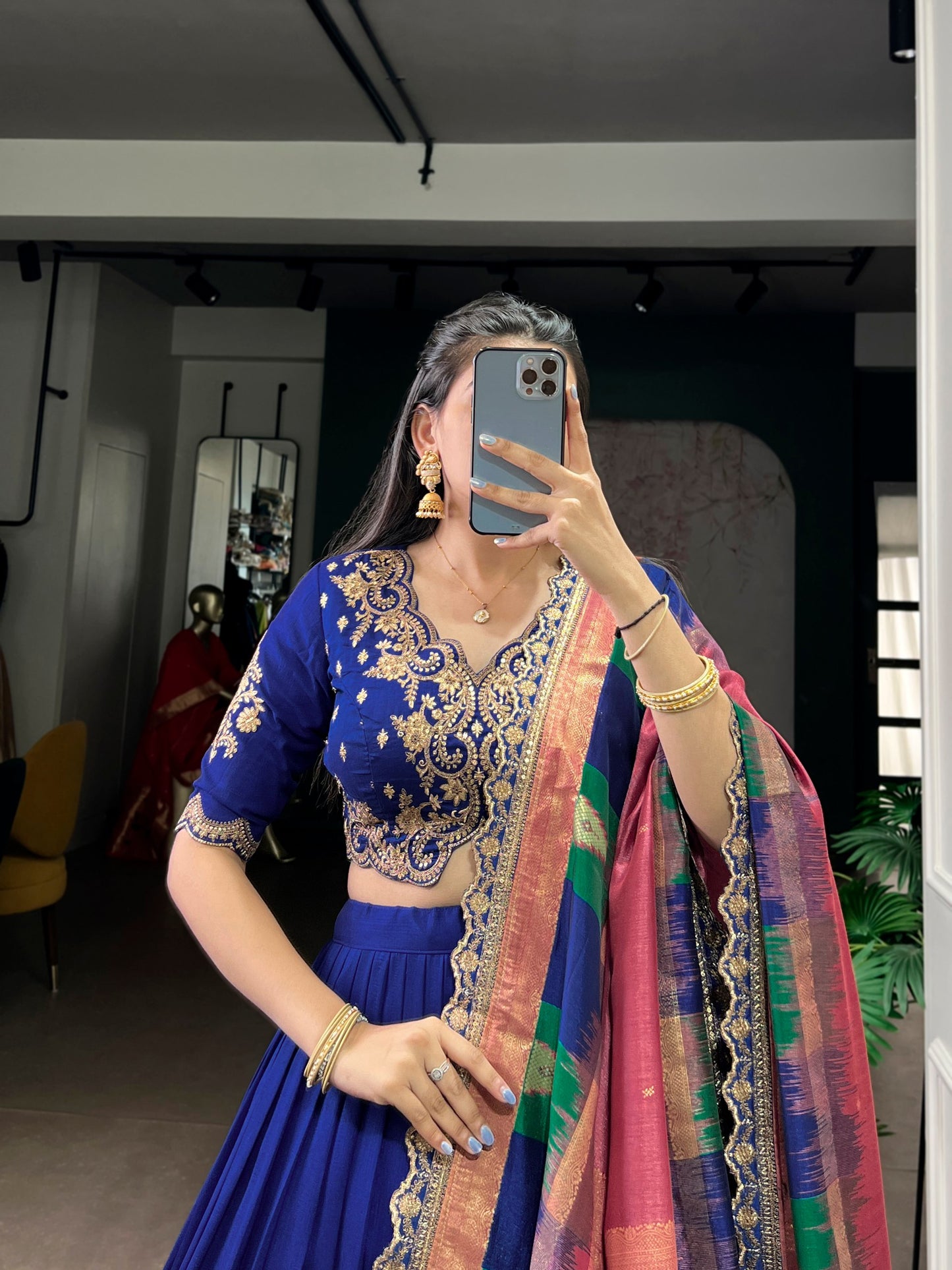 Elegant Vichitra Silk Lehenga Choli for Weddings and Festivals – Thread Embroidery & Sequins Detailing, Stitched Skirt and Unstitched Blouse, Includes Foil-Printed Dupatta with Lace Border