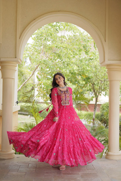 RangBhoomi Bandhani & Kutchi Patchwork Faux Georgette Gown — Festive Navratri Edition